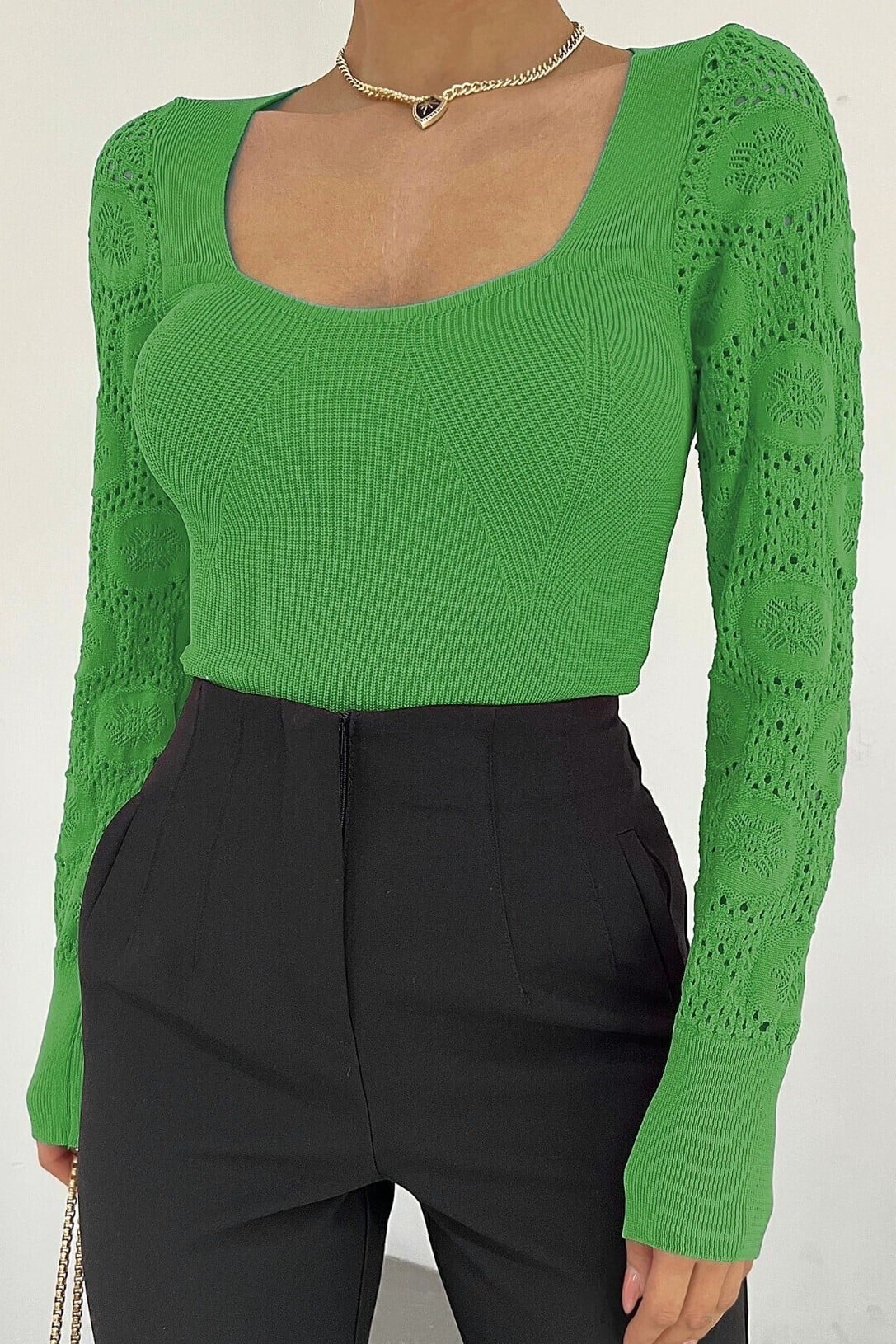 Green Square Neck Lace Knit Blouse with Long Sleeves - Podyumplus - by Peralane