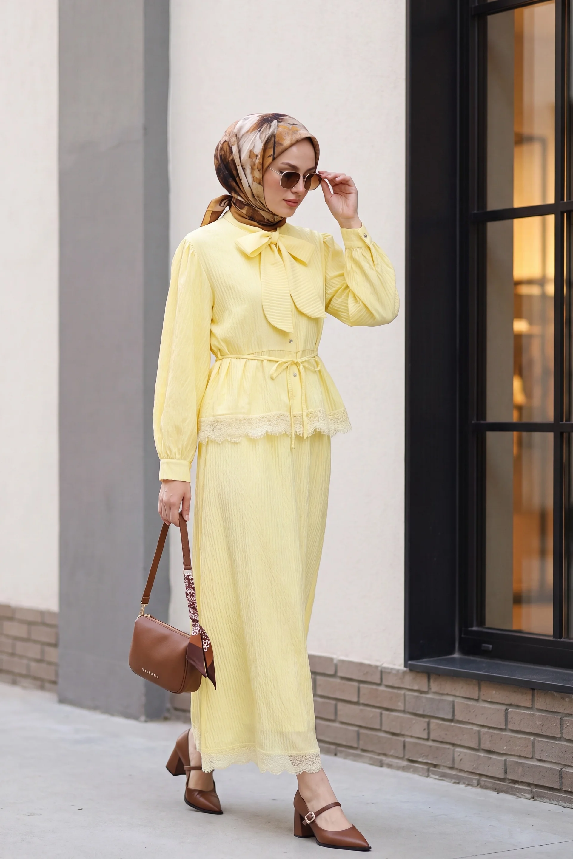 Pale Yellow Lace Trim Pleated Crepe Two-Piece Set with Tie Waist - Podyumplus - by Peralane - photo 2