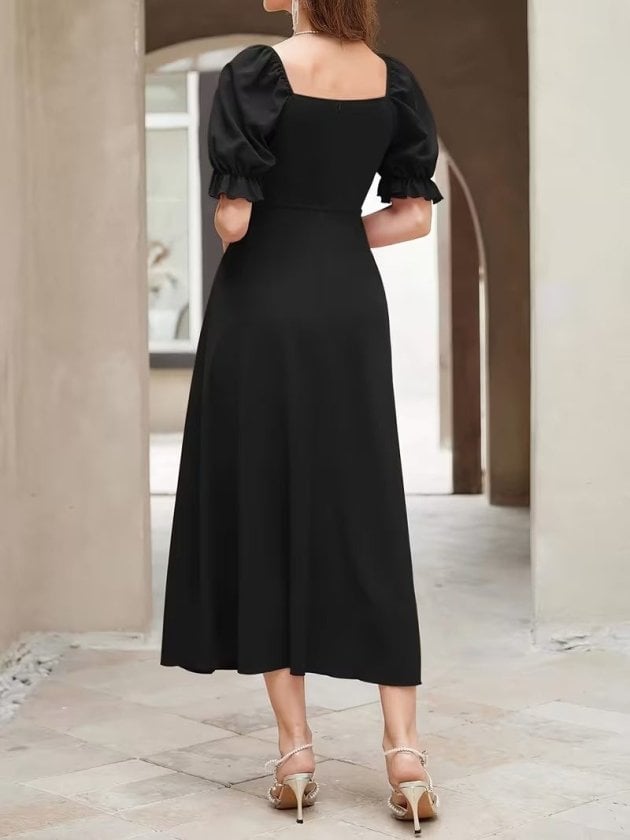 Women's Black Midi Dress with Sweetheart Neckline and Puffed Sleeves - Janes - by Peralane - photo 3