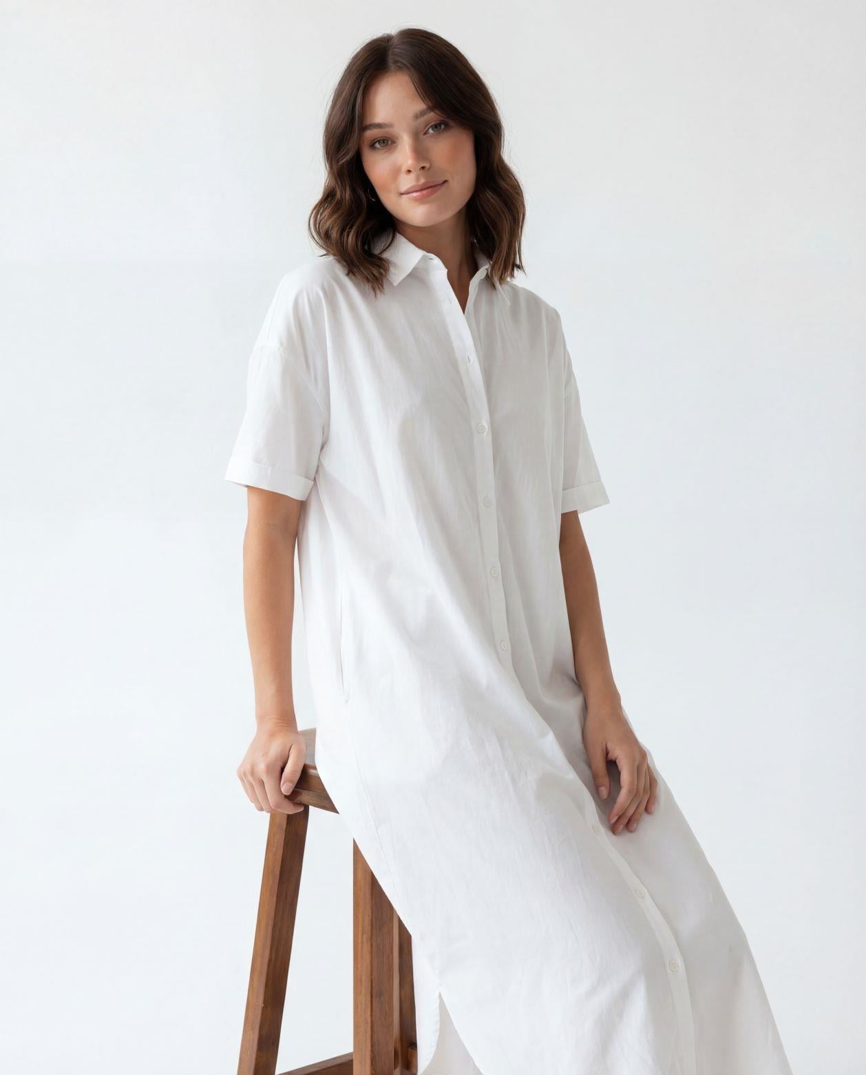 White Cotton Short-Sleeve Shirt Dress with Collar - Fame - by Peralane - photo 2