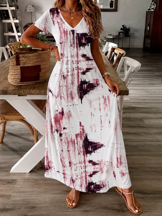 Women's Short Sleeve V-Neck Patterned Long Suprem Dress - Janes - by Peralane - photo 3