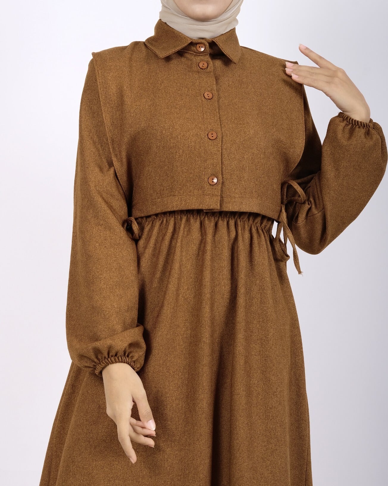 Women's Shirt Detail Elastic Waist and Sleeve Dress - Tan - Podyumplus - by Peralane - photo 4