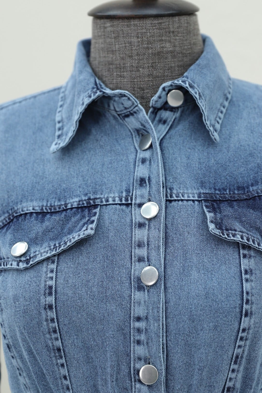 Half-Button Elasticated Waist Denim Dress - Ice Blue - Podyumplus - by Peralane - photo 6