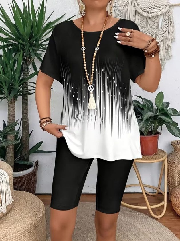 Women's Short-Sleeve Round Neck Patterned Scuba Blouse and Leggings Two-Piece Set - Janes - by Peralane - photo 2