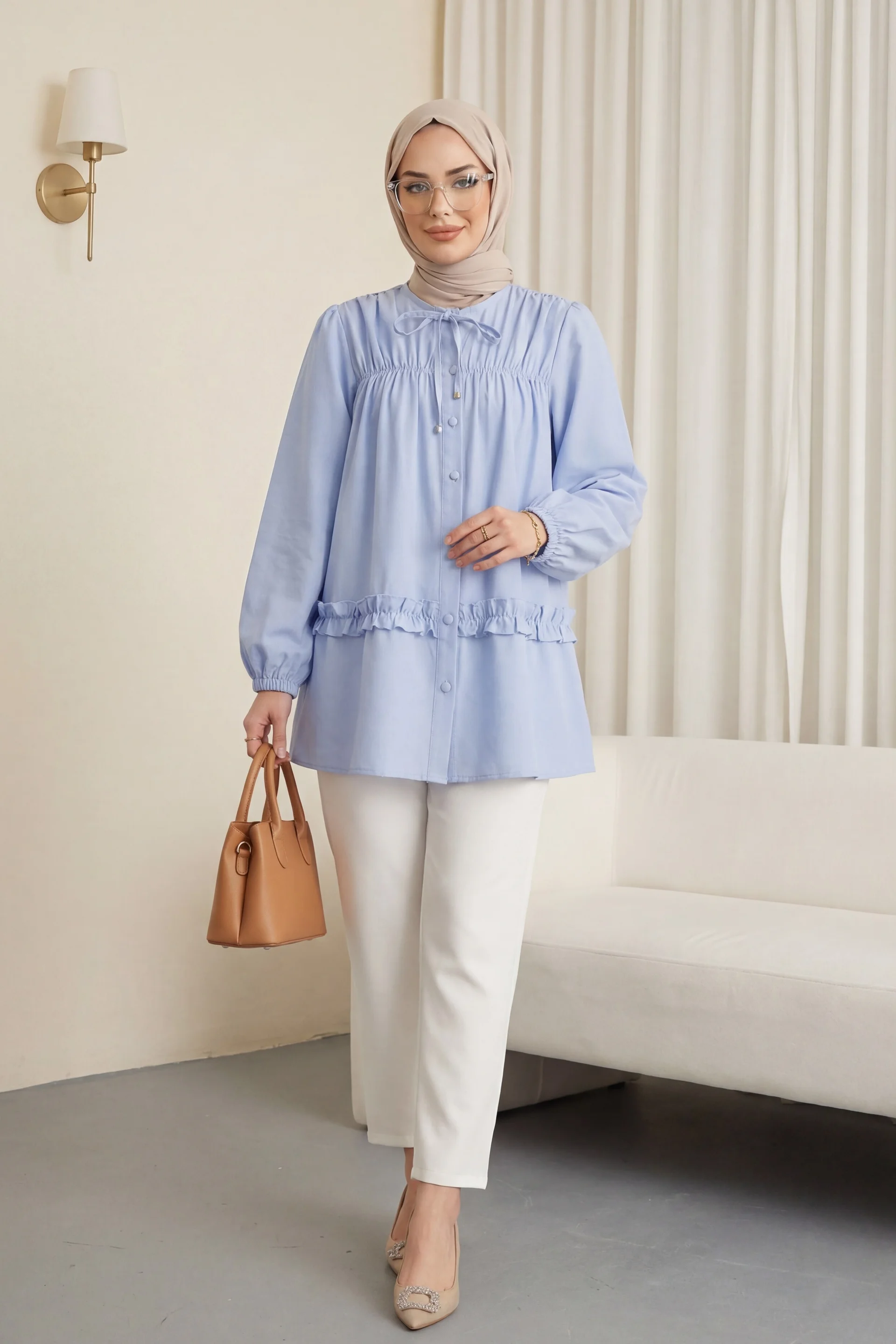 Ruffled Poplin Tunic with Button Front and Elasticated Waist - Blue - Podyumplus - by Peralane - photo 2