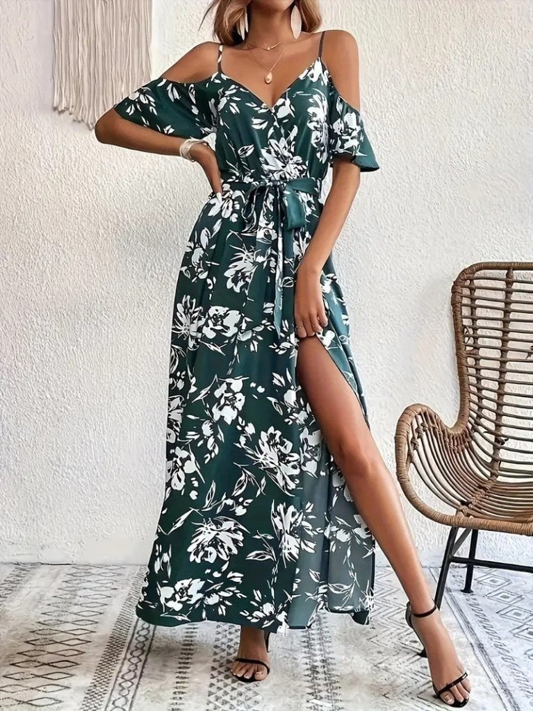 Women's Spaghetti Strap Short Sleeve V-Neck Slit Printed Suprem Maxi Dress - Janes - by Peralane - photo 2