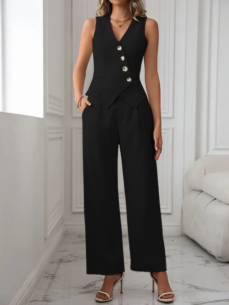 Women's Sleeveless V-Neck Button-Front Satin Vest and Trousers Co-ord Set - Janes - by Peralane - photo 2