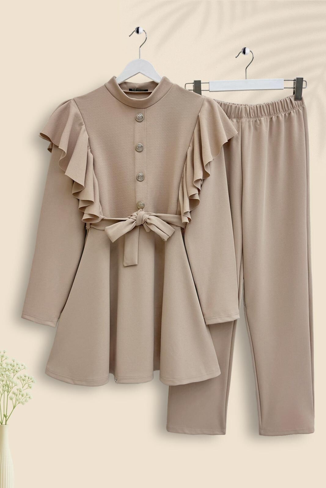 Button Detail Tunic and Trousers Set - Beige - Podyumplus - by Peralane