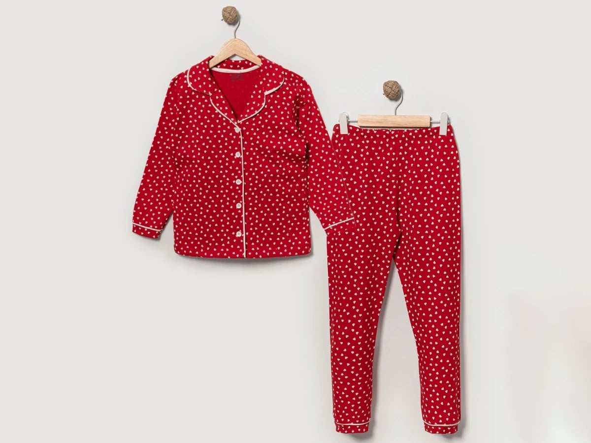 Girls' Red Heart Print Pyjama Set with Collar and Buttons - Dolas - by Peralane