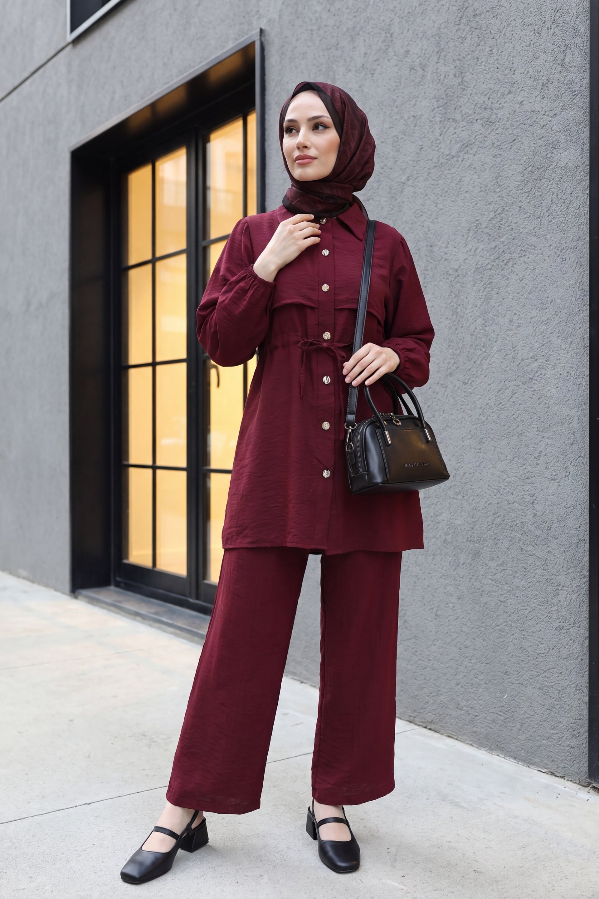 Burgundy Tunic and Wide-Leg Trousers Two-Piece Set with Drawstring Waist - Podyumplus - by Peralane