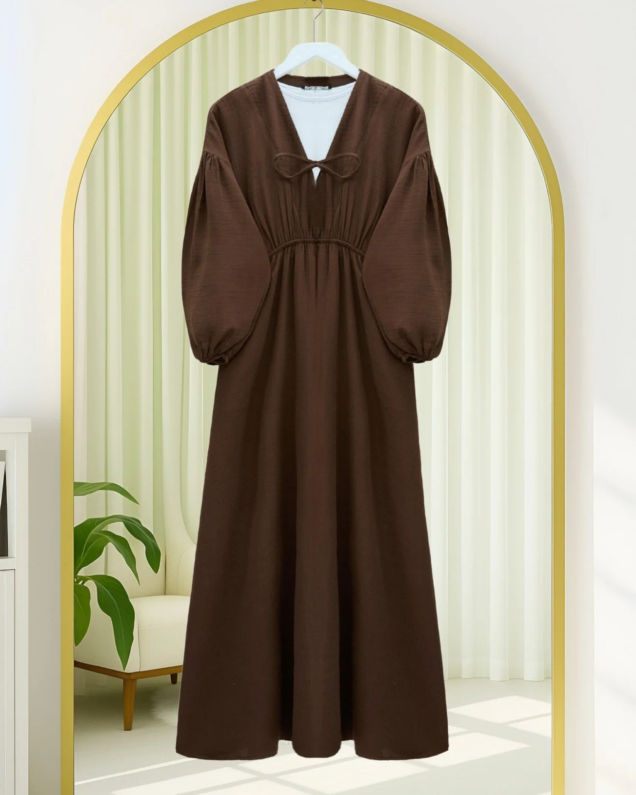 Tie-Up Neck Long-Sleeve Midi Dress in Brown - Podyumplus - by Peralane - photo 6