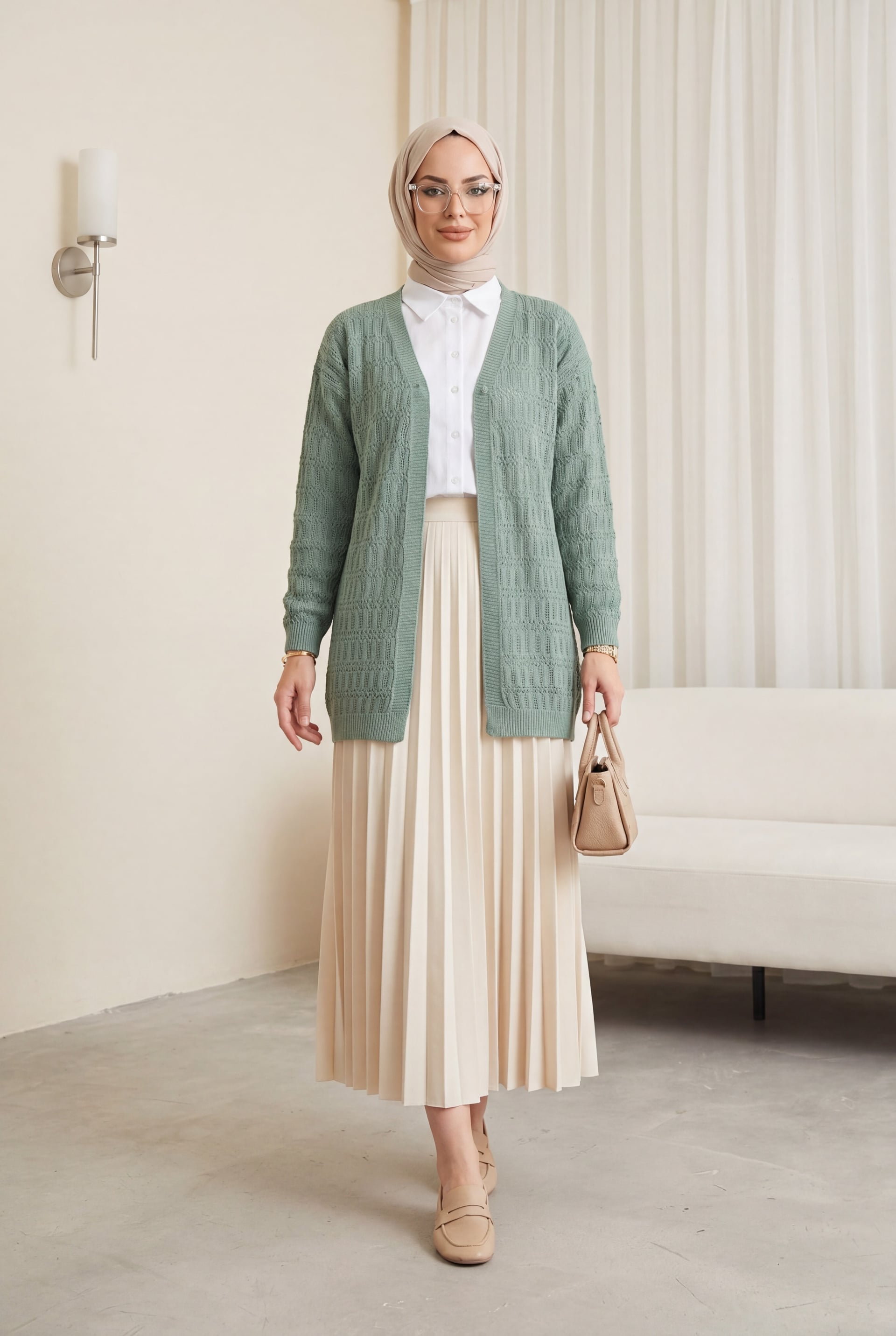 Open Front Knit Cardigan with Geometric Pattern - Mint - Podyumplus - by Peralane - photo 2