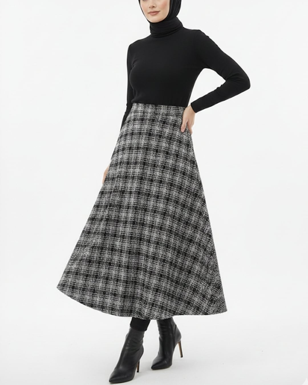 Black Zip-Waist Tweed Flared Midi Skirt - Podyumplus - by Peralane