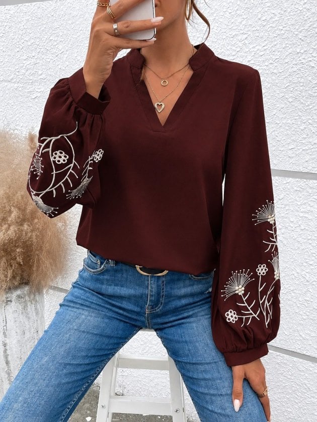 Women's Long Sleeve V-Neck Blouse with Floral Embroidered Sleeves - Janes - by Peralane - photo 2