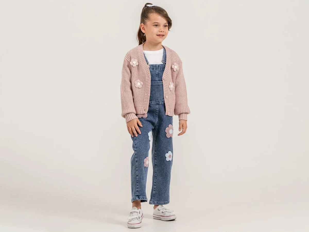 Girls' Denim Overall Set with Knit Cardigan and T-Shirt - Pampal Kids - by Peralane