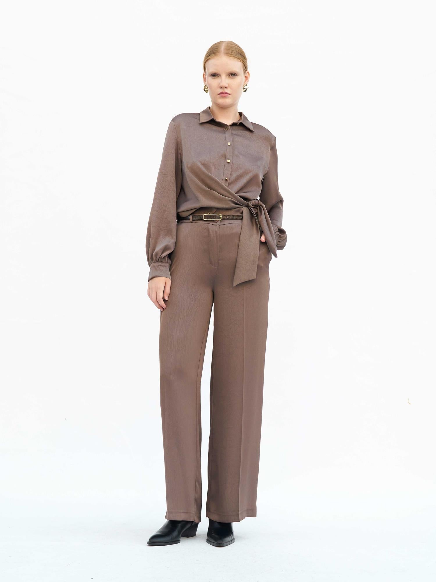 Women's Wrap Blouse and Wide-Leg Trouser Set in Taupe - Lefon - by Peralane - photo 2