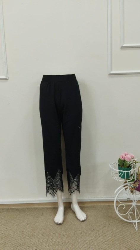 Women's High Waist Cropped Flared Trousers with Lace Trim, Black - Janes - by Peralane - photo 5