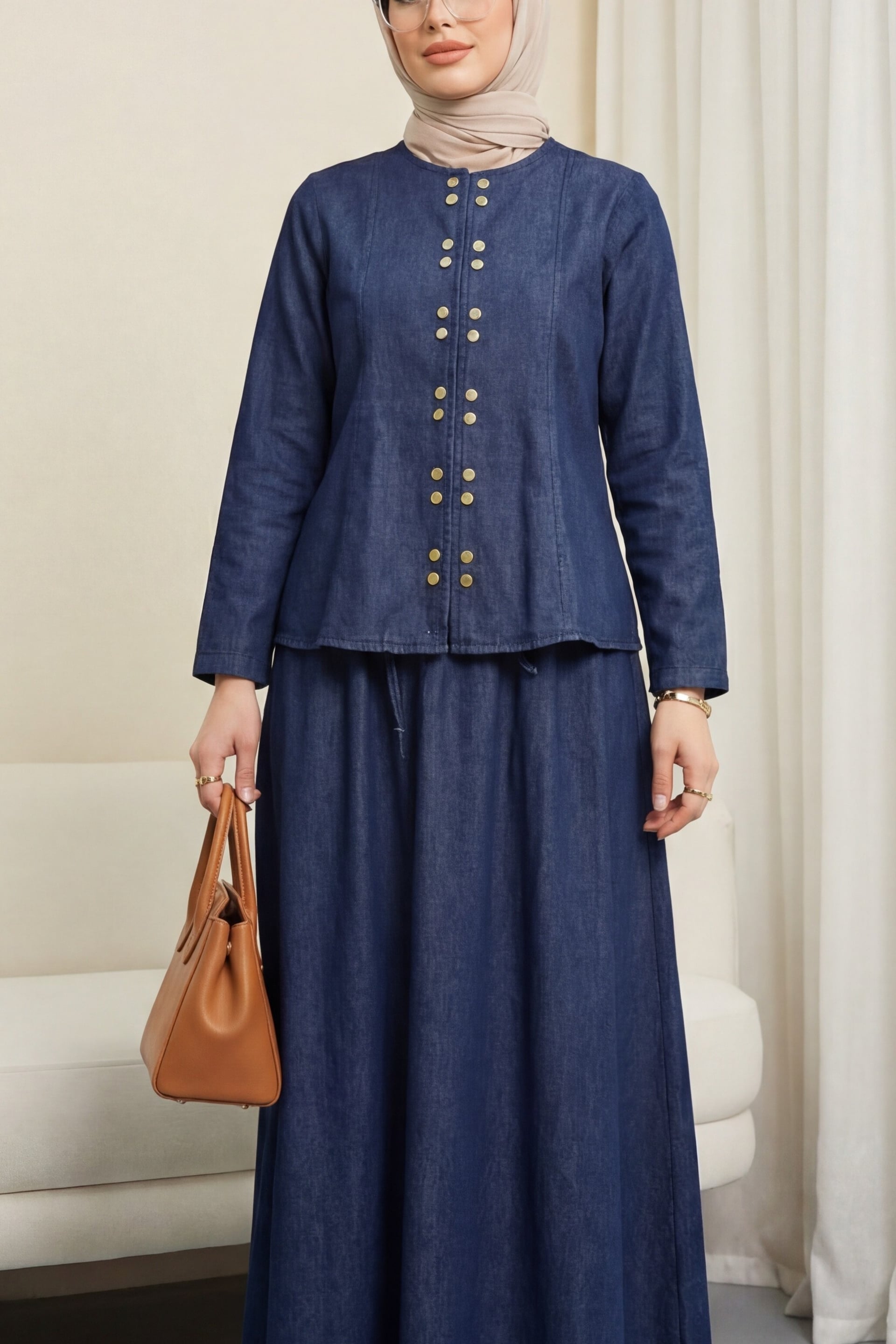 Snap-Front Laced Skirt Denim Co-ord Set - Dark Navy - Podyumplus - by Peralane - photo 5