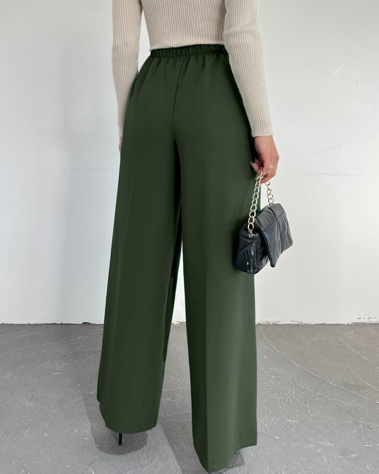 Elastic Waist Tie Detail Wide Leg Trousers - Khaki - Podyumplus - by Peralane - photo 7