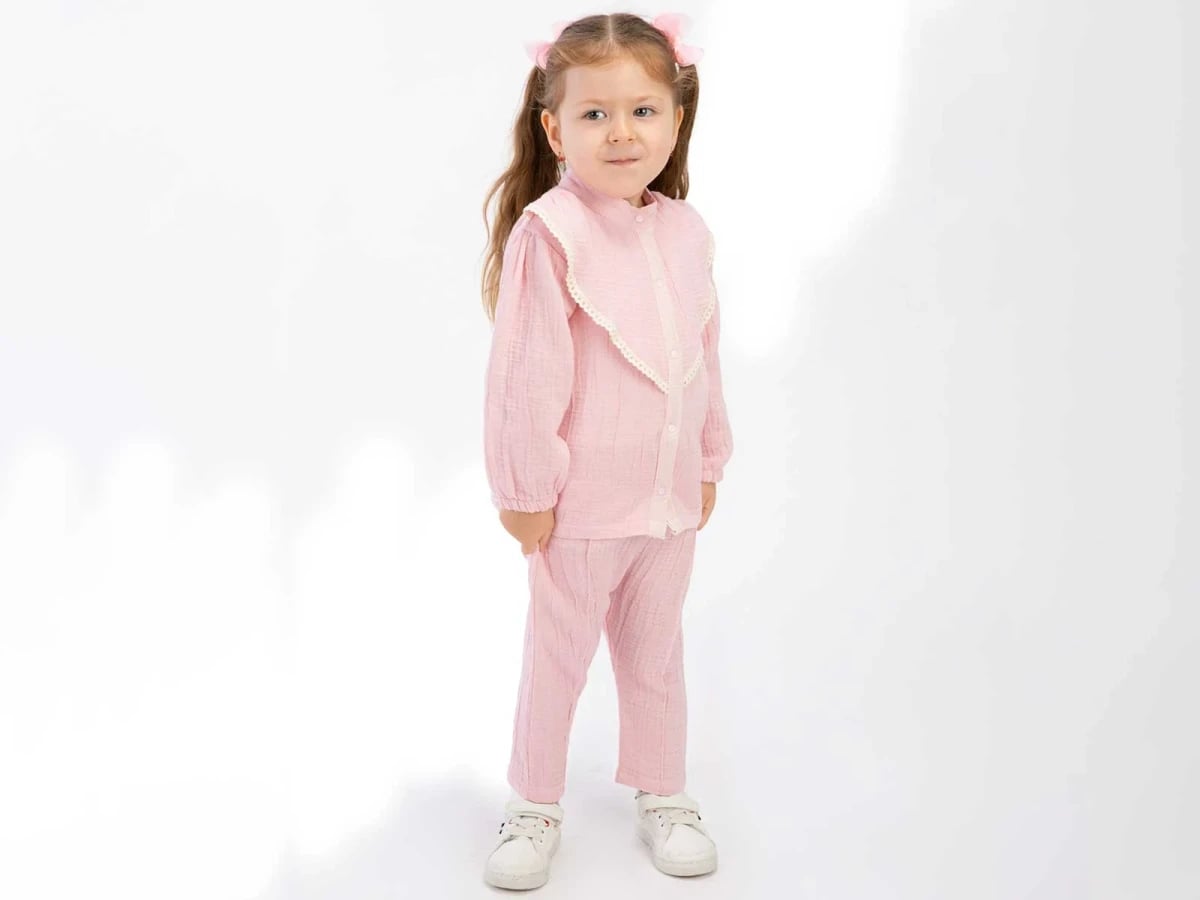 Girl's Baby Pyjama Set with Ruffled Collar - Pale Pink - Beyaz Bebek - by Peralane