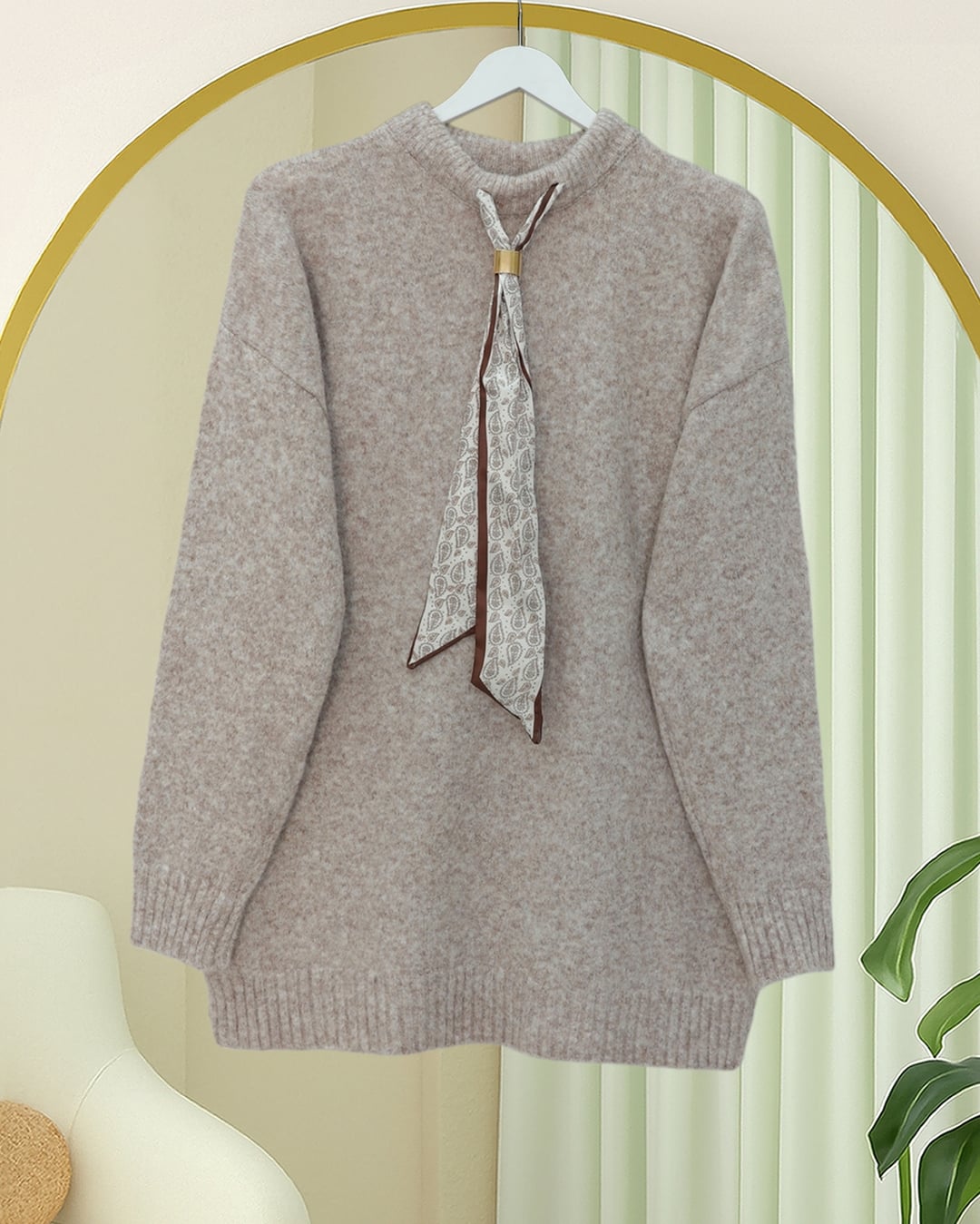 Scarf Detail Soft Knit Sweater - Light Beige - Podyumplus - by Peralane - photo 4