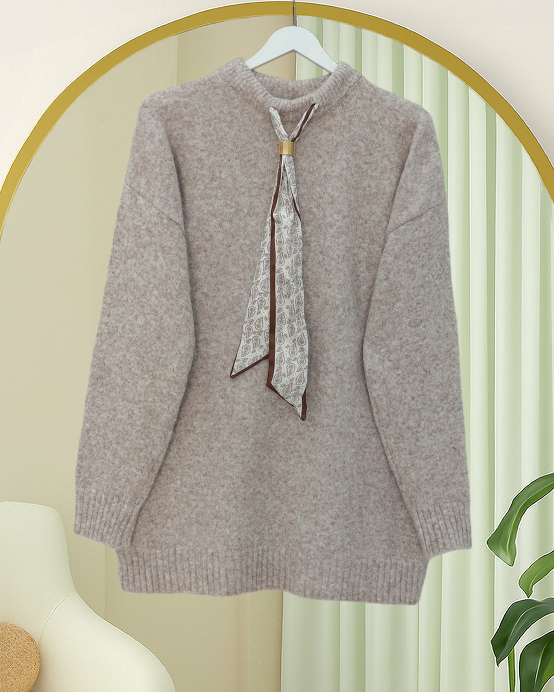 Scarf Detail Soft Knit Sweater - Light Beige - Podyumplus - by Peralane - photo 4