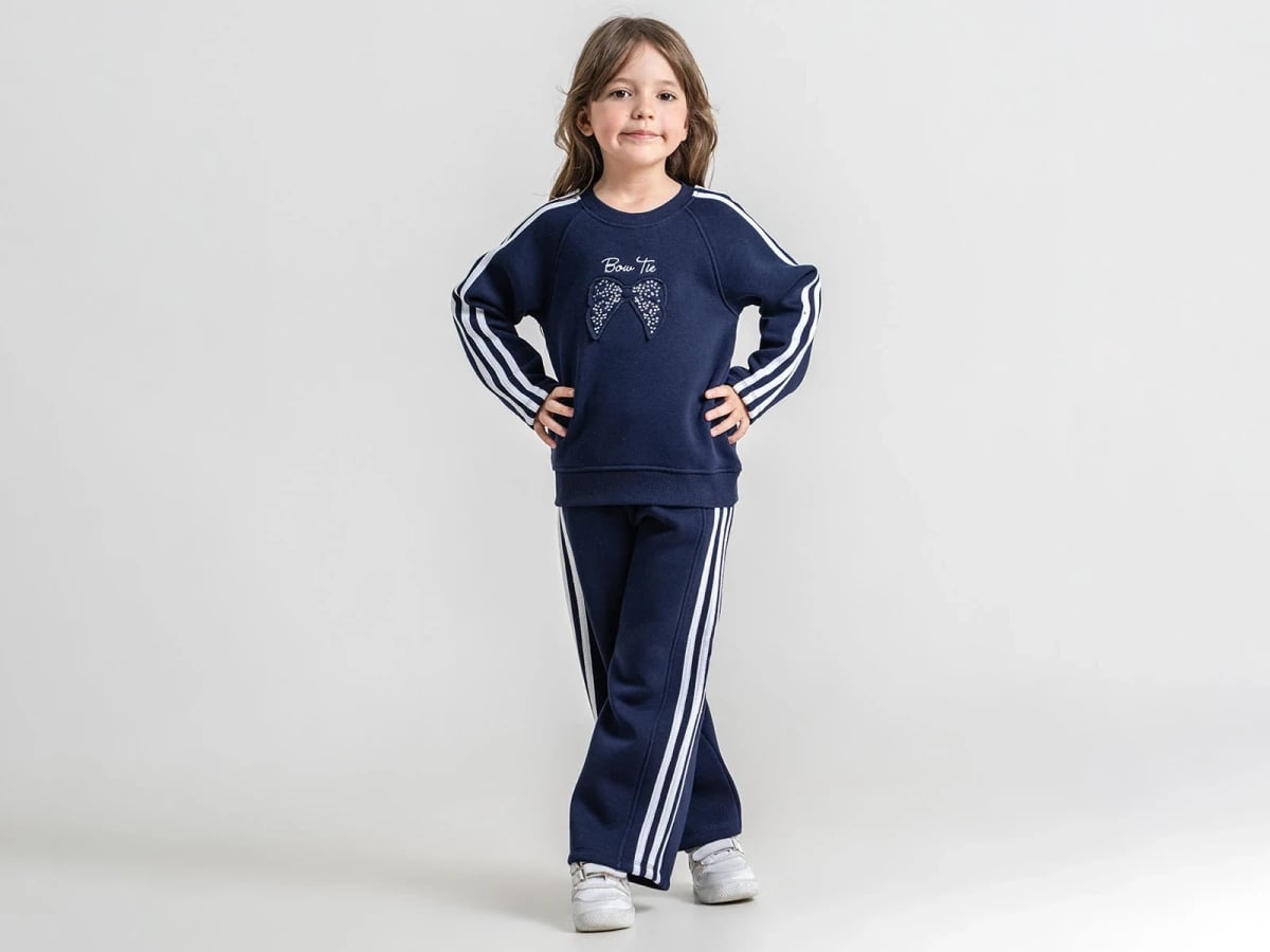 Girls' Navy Blue Bow Tie Embellished Tracksuit Set - Pampal Kids - by Peralane