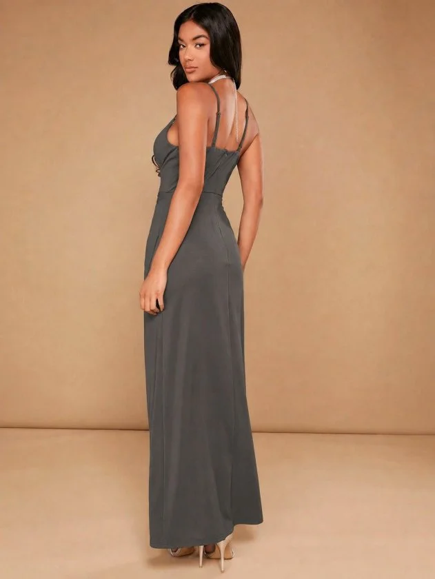Women's Long Crepe Dress with Deep V-Neck and High Slit - Janes - by Peralane - photo 3