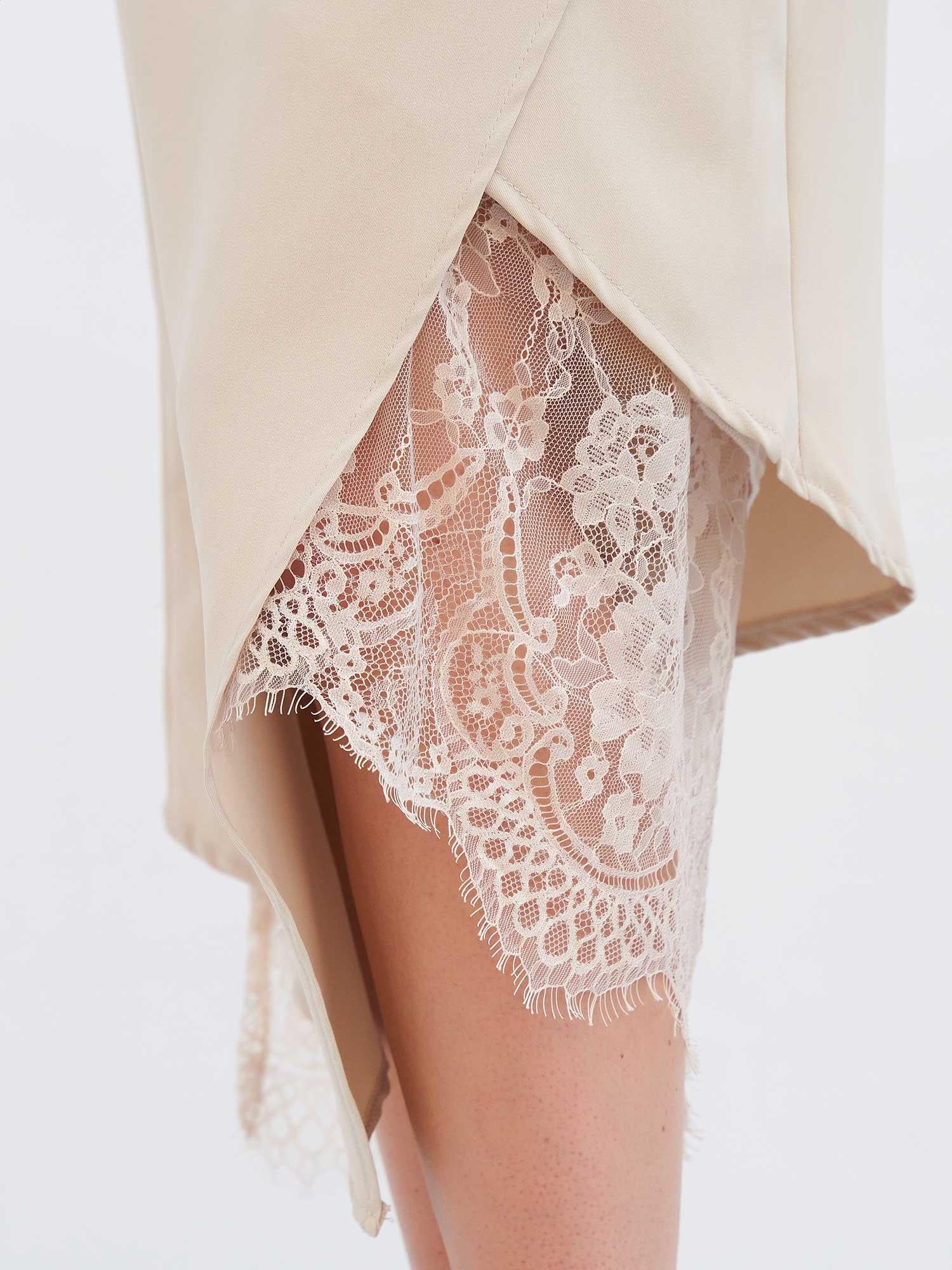 Lace Trim Midi Skirt with Asymmetric Hem in Light Beige - Lefon - by Peralane - photo 10