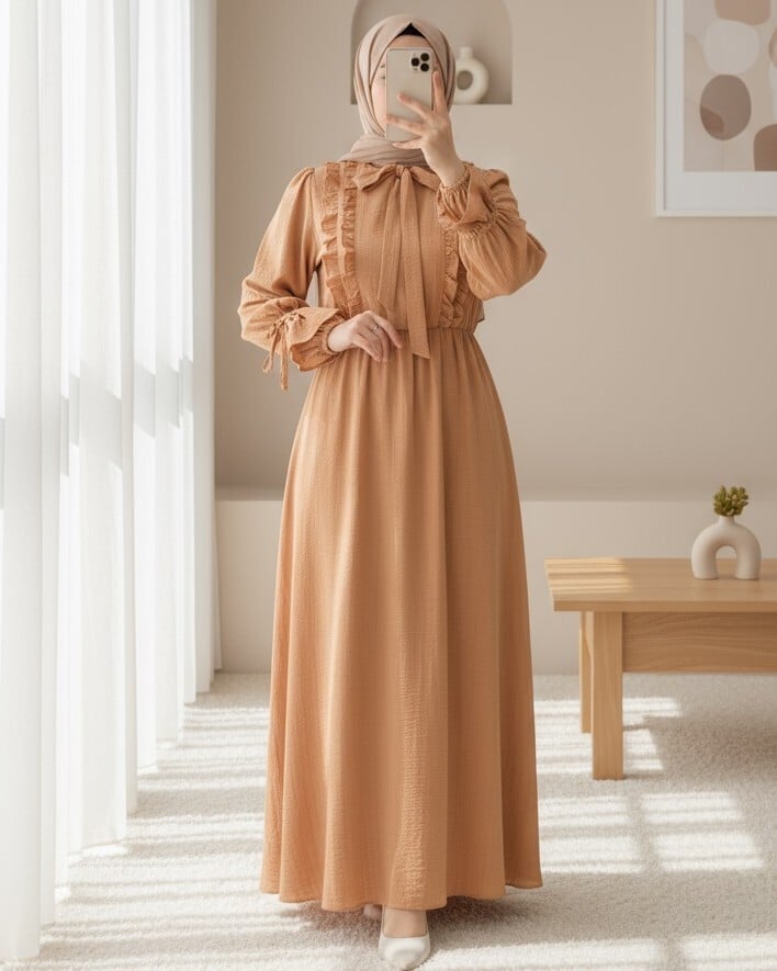 Ruffled Front Midi Dress with Laced Collar and Cuffs - Cinnamon - Podyumplus - by Peralane - photo 7