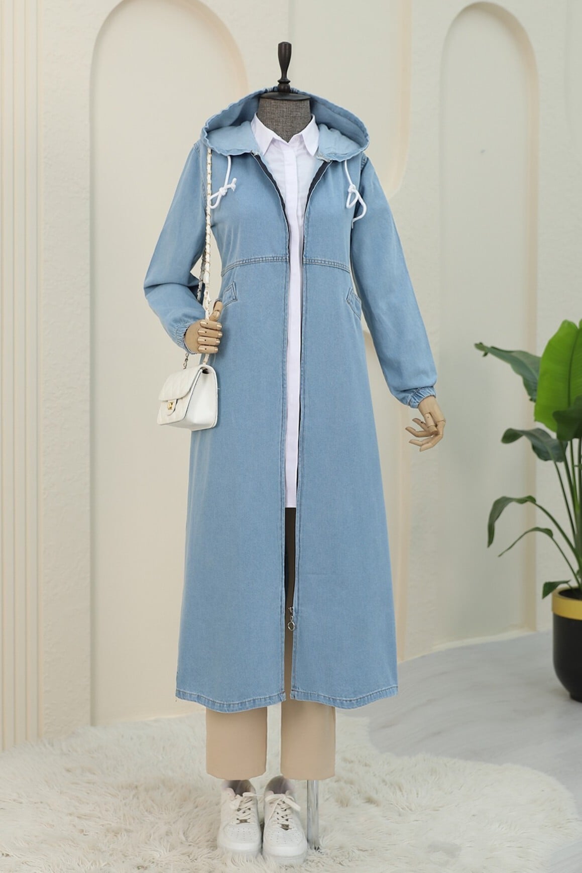 Light Blue Denim Hooded Jacket with Pockets - Podyumplus - by Peralane - photo 3