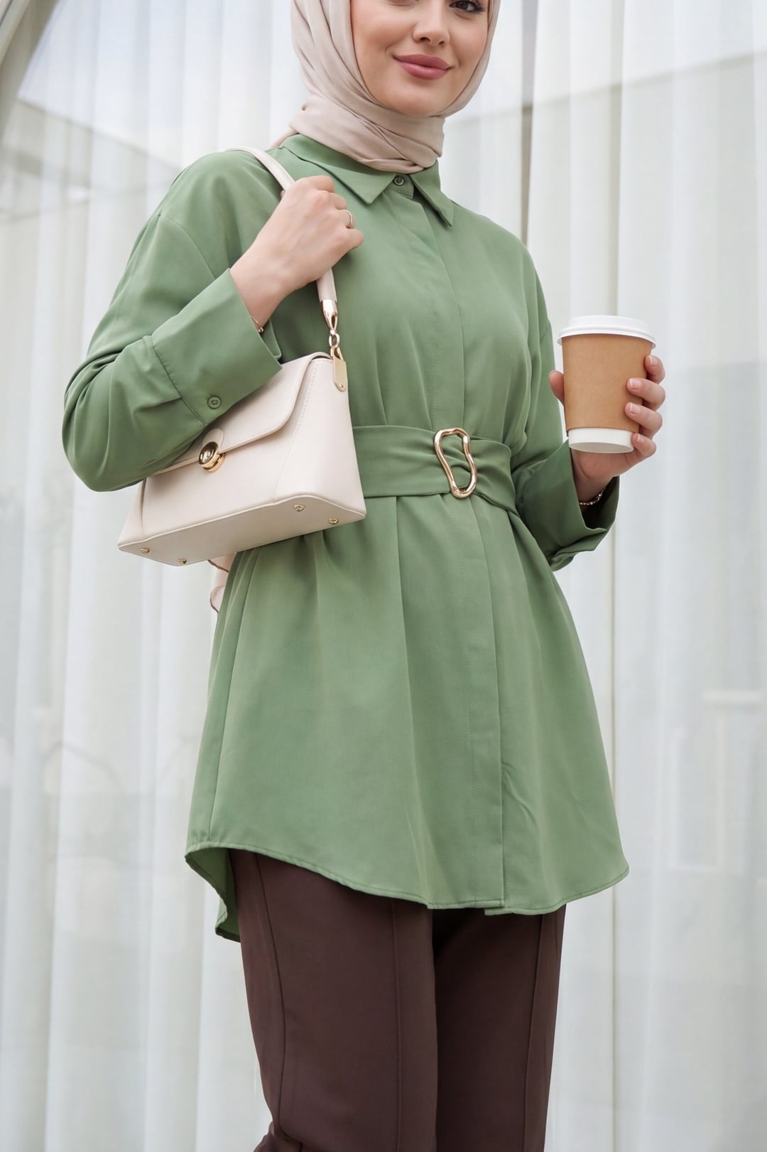 Belted Double Cuff Poplin Tunic with Concealed Button Front - Khaki - Podyumplus - by Peralane - photo 7