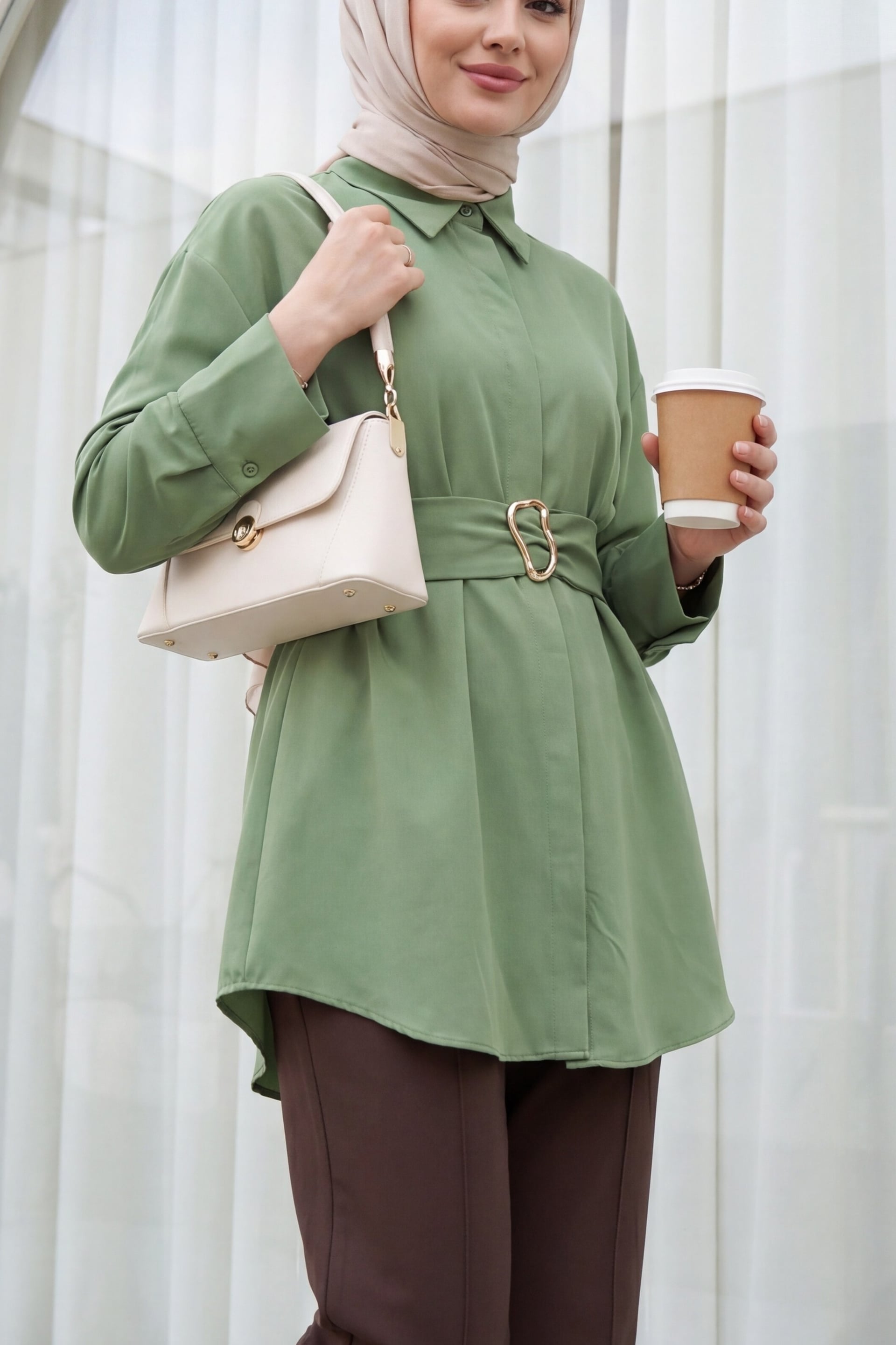 Belted Double Cuff Poplin Tunic with Concealed Button Front - Khaki - Podyumplus - by Peralane - photo 7