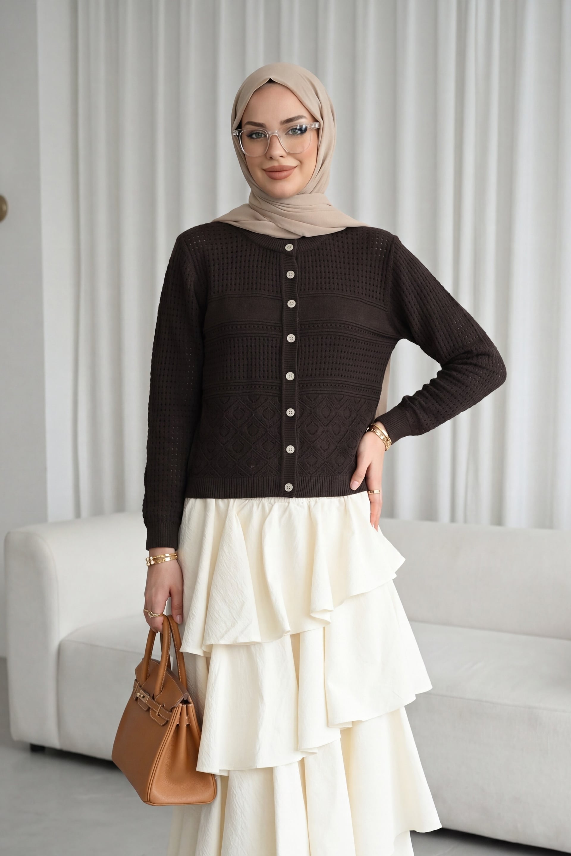 Round Neck Openwork Buttoned Knit Cardigan - Brown - Podyumplus - by Peralane - photo 2