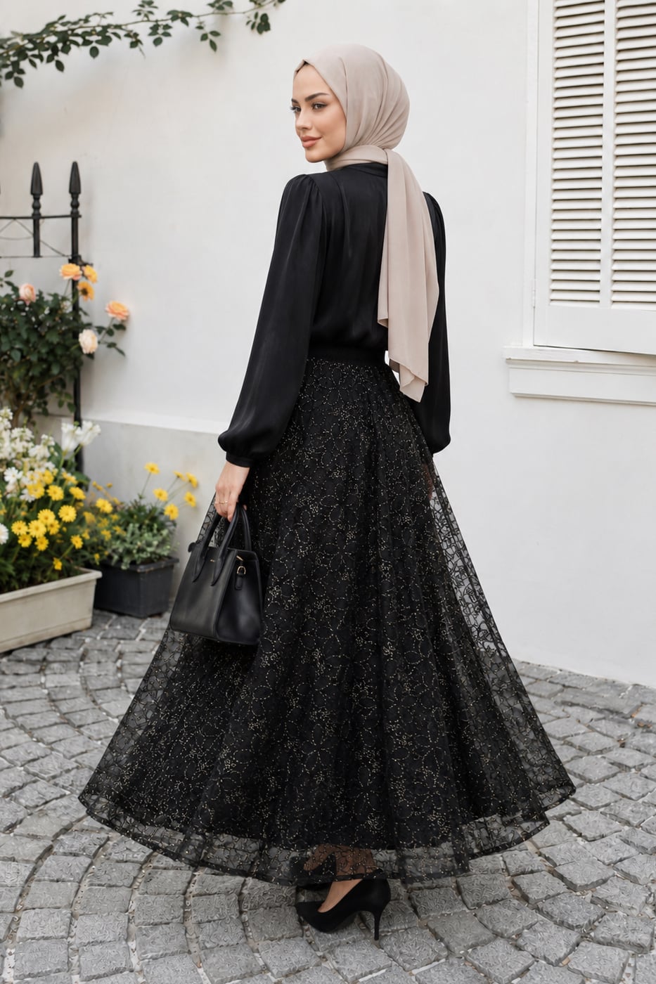 Black Lace Overlay A-Line Skirt with Gold Floral Pattern - Podyumplus - by Peralane - photo 4
