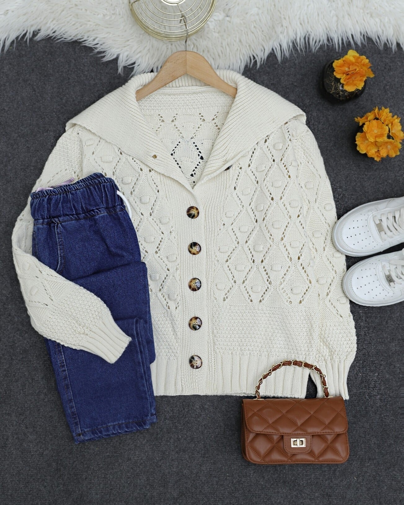 Hooded Button-Front Textured Knit Cardigan - Ecru - Podyumplus - by Peralane - photo 6
