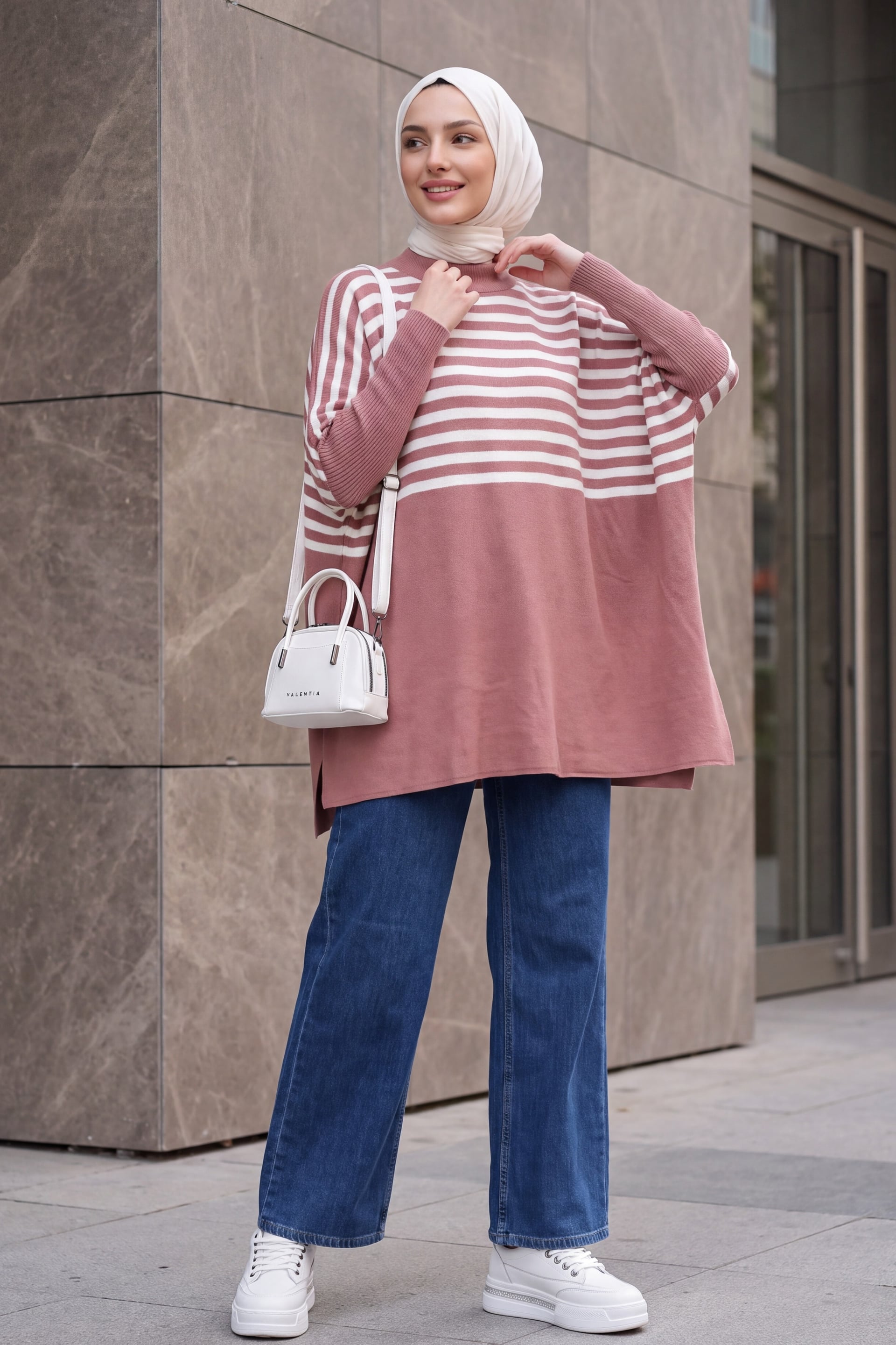 Oversize Pancho Knit Sweater with Side Slits - Dusty Rose - Bigdart - by Peralane - photo 3