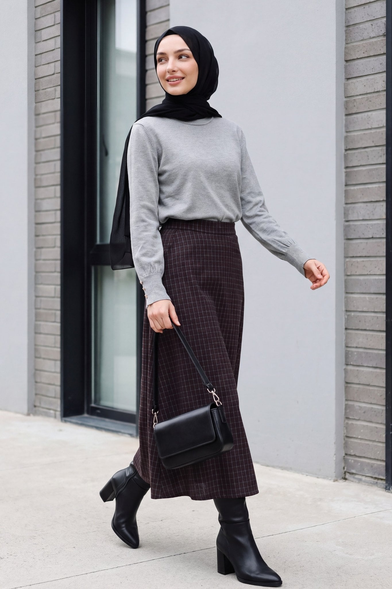 Plaid A-Line Midi Skirt with Pockets and Zipper - Dark Plum - Podyumplus - by Peralane - photo 6