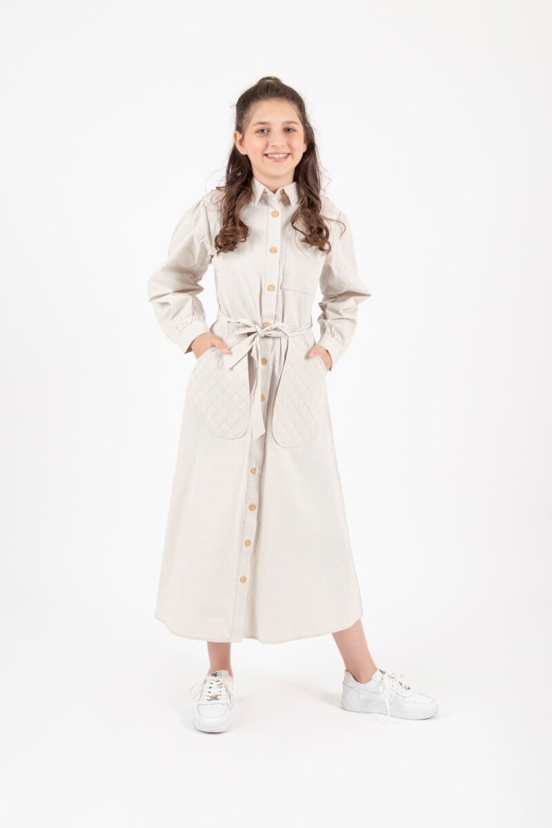 Girls' Stone Colored Pocket Quilted Dress 7-10 Years - Pafim - by Peralane