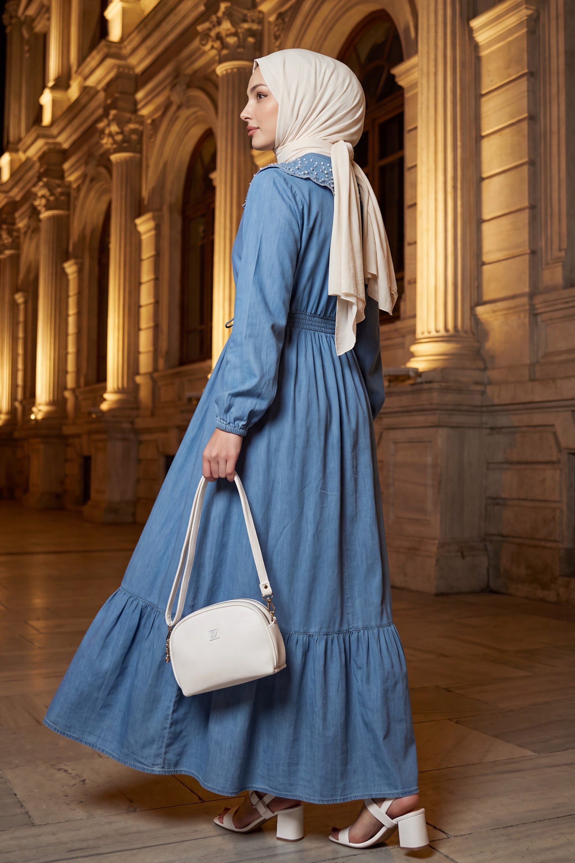 Long Denim Dress with Pearl Shoulder and Elastic Waist - Ice Blue - Podyumplus - by Peralane - photo 2