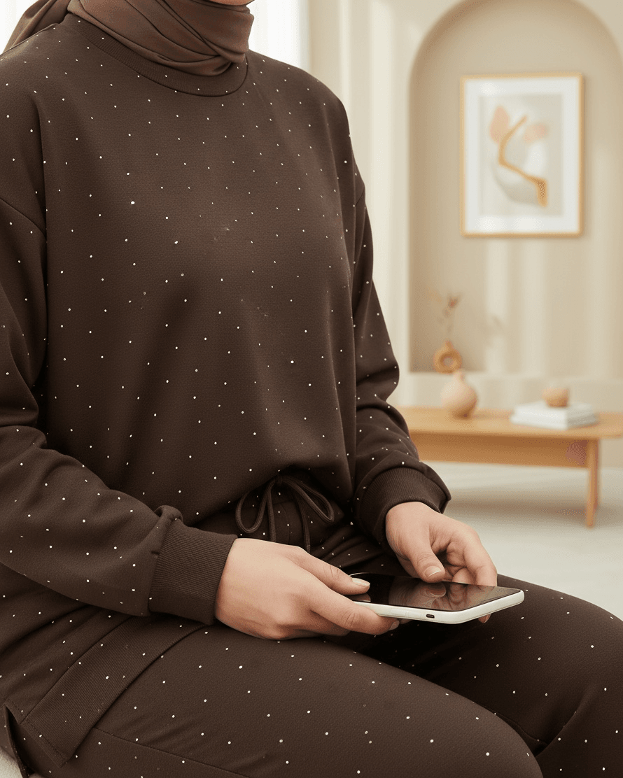 Women's Lounge Set with Long-Sleeve Top and Trousers - Coffee Brown with Dot Print - Podyumplus - by Peralane - photo 2