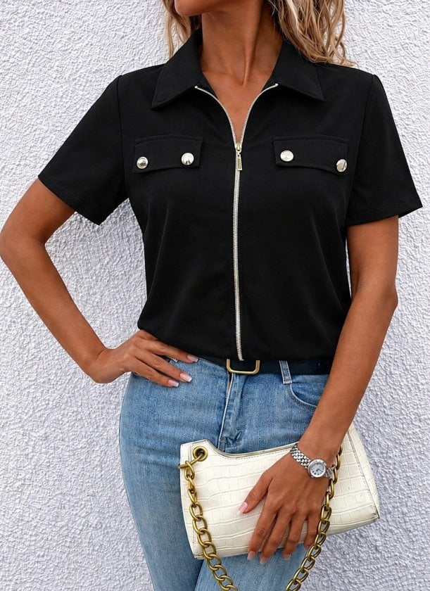 Women's Short Sleeve Jacket Collar Front Zip Pocket Detail Crepe Blouse - Janes - by Peralane - photo 2