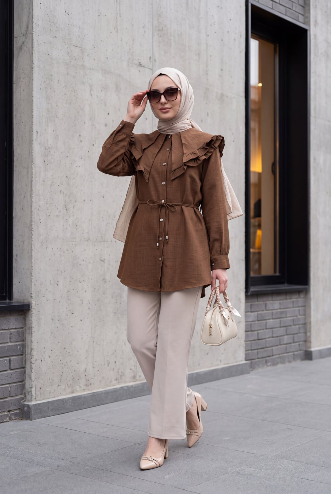 Brown Linen-Look Tunic with Double-Layer Ruffle Collar and Tie Waist - Podyumplus - by Peralane - photo 2