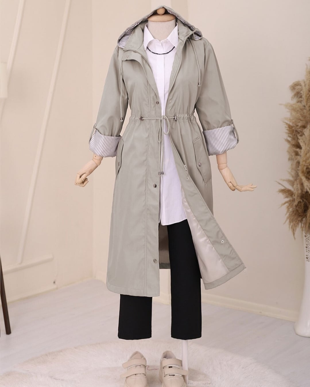Grey Hooded Trench Coat with Striped Lining - Podyumplus - by Peralane - photo 5