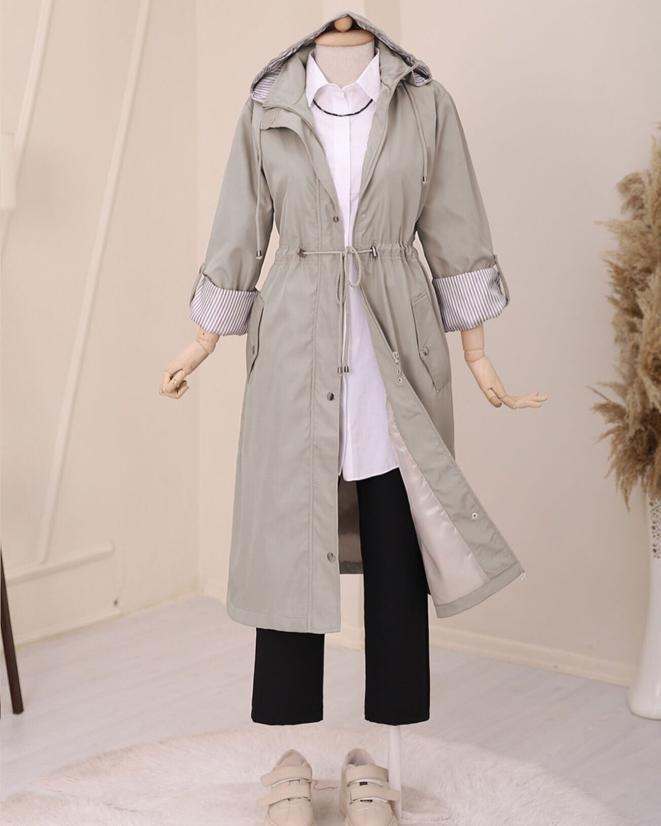 Grey Hooded Trench Coat with Striped Lining - Podyumplus - by Peralane - photo 5