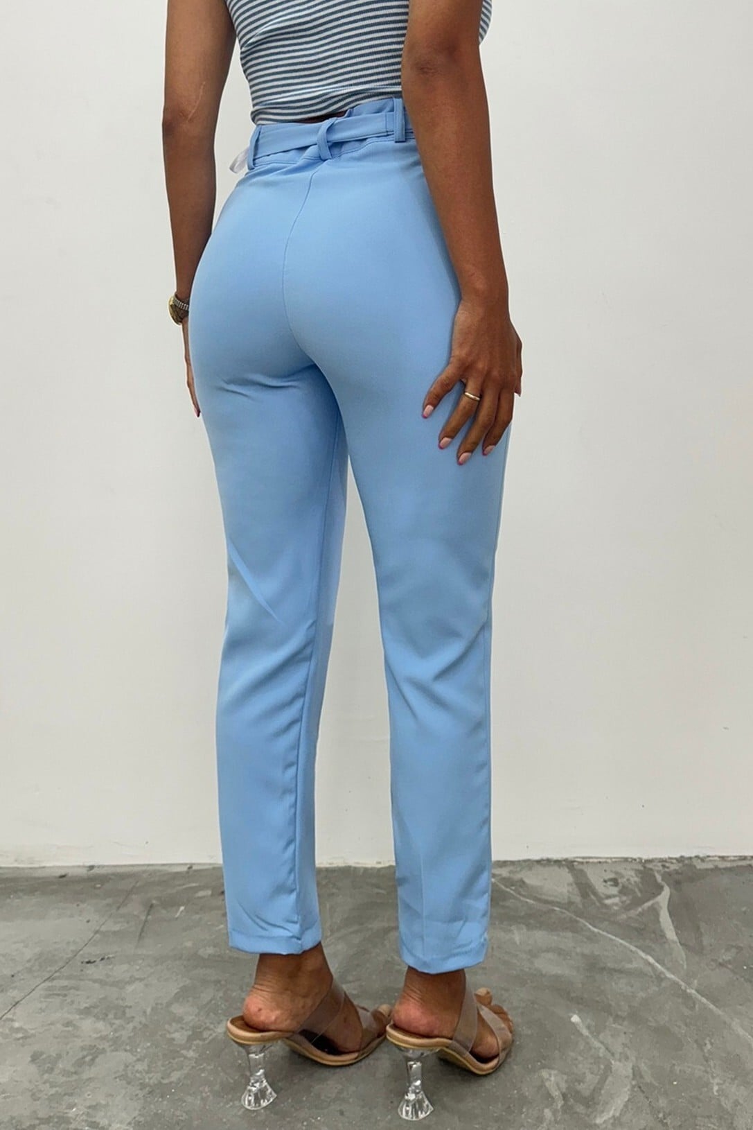 High-Waist Belted Ankle-Length Trousers in Light Blue - Podyumplus - by Peralane - photo 7