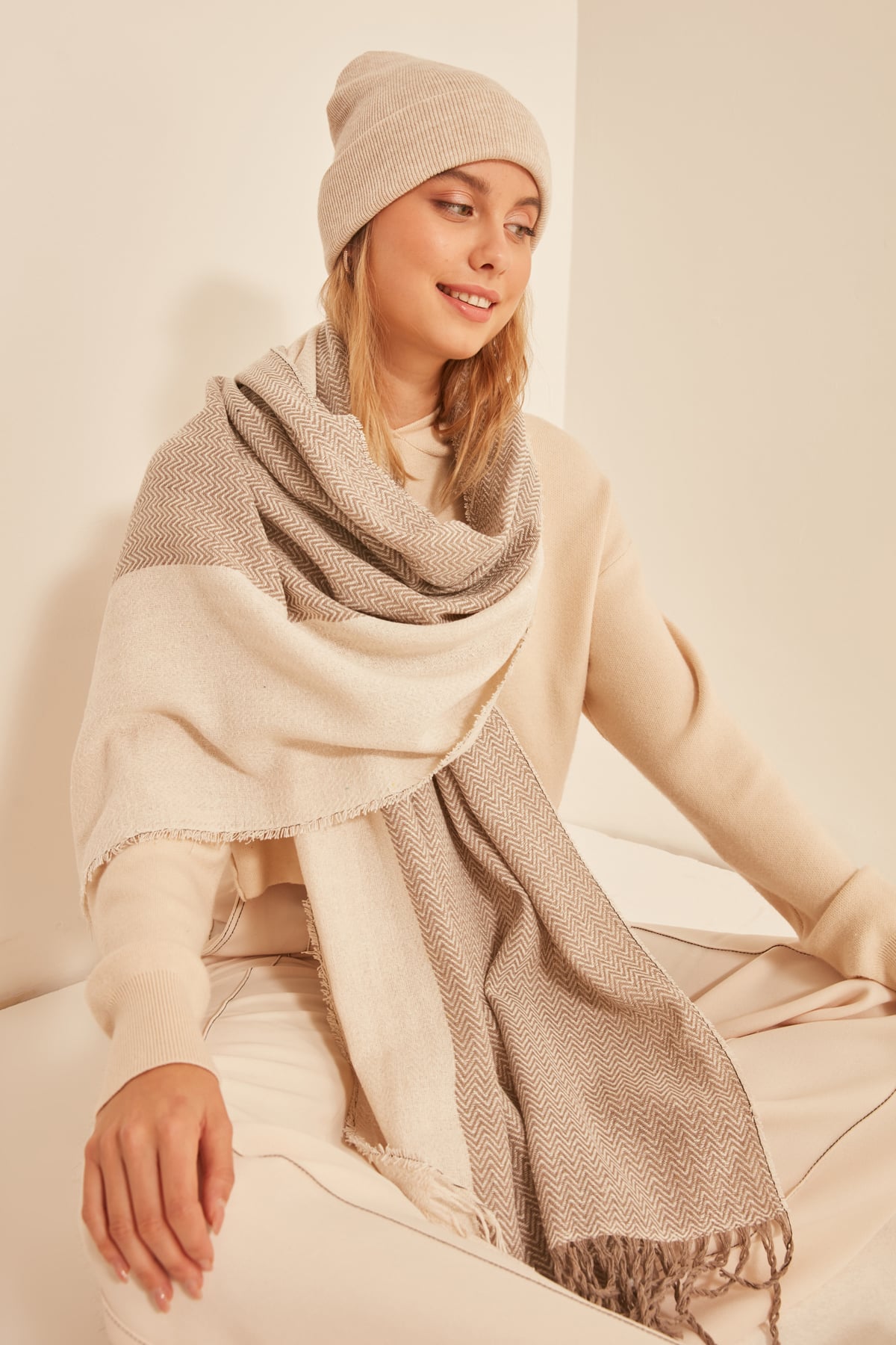 Soft Textured Herringbone Pattern Scarf in Cream and Mink - Nesvay - by Peralane