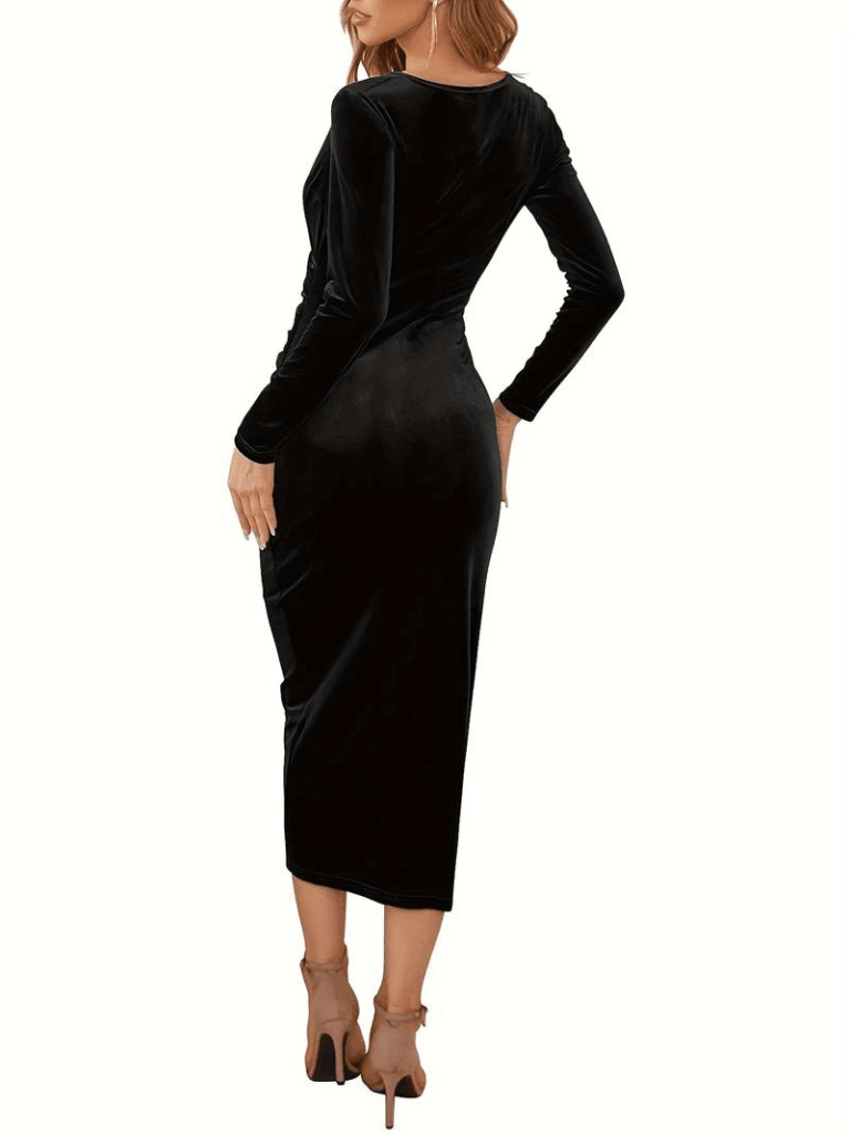 Women's Long Sleeve V-Neck Ruched Waist Midi Velvet Dress - Janes - by Peralane - photo 13
