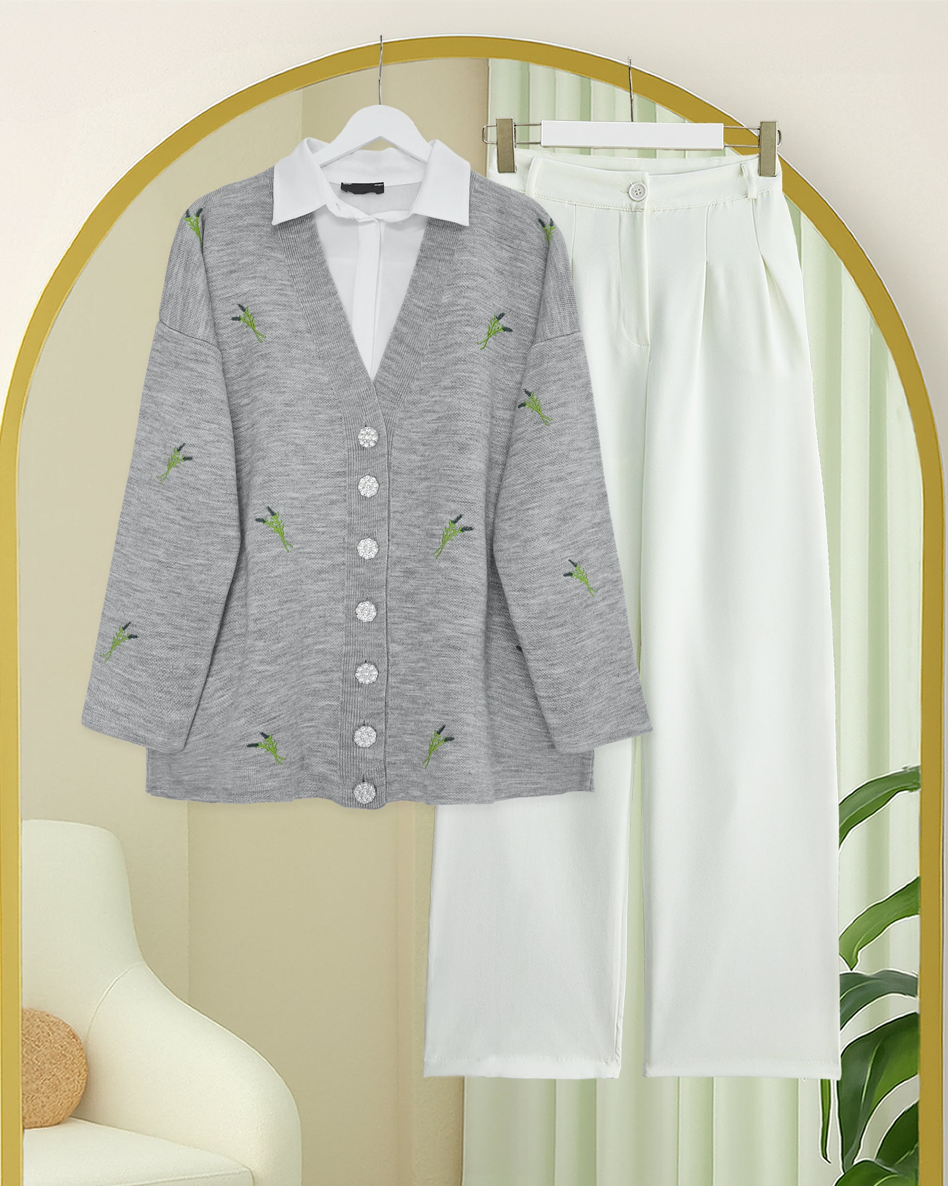 Grey Marl Knit Cardigan with Stone Buttons and Branch Pattern - Podyumplus - by Peralane - photo 4