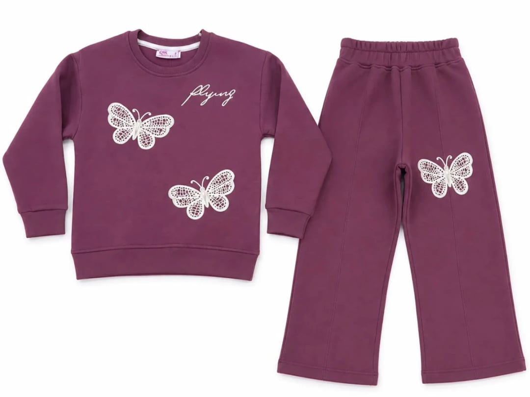 Butterfly Embroidered Velour Girls' Two-Piece Set - Plum - CMK - by Peralane